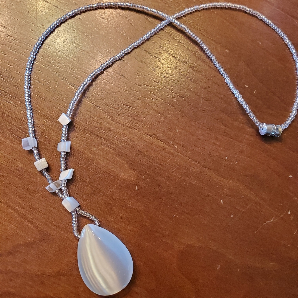 18" Pearl White Beaded w/ Opal Teardrop Boho Necklace